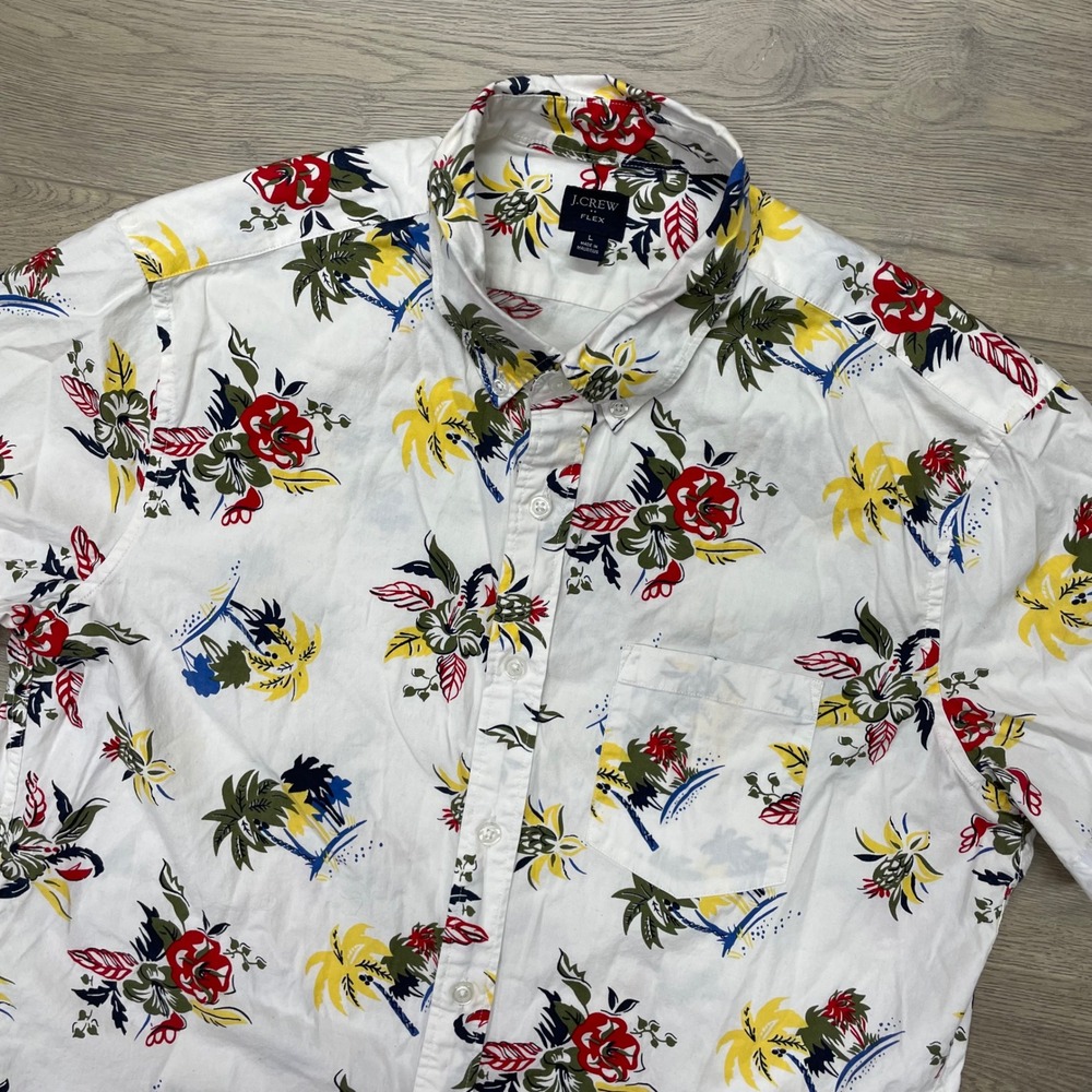 J.Crew Button Down Shirt Mens L White Floral Palm Tropical Short Sleeve L7416